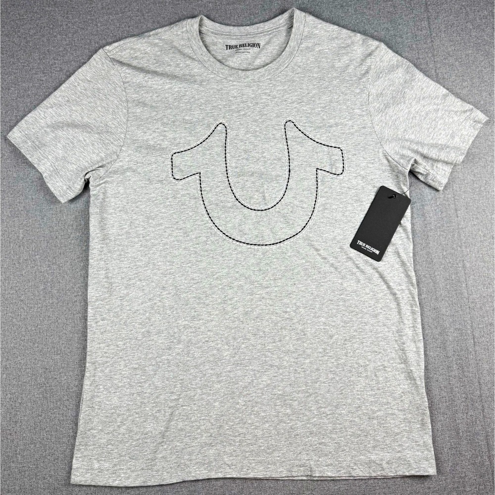 True Religion Double Stitch HS Tee Mens M Gray Logo Graphic Crew Neck Cotton